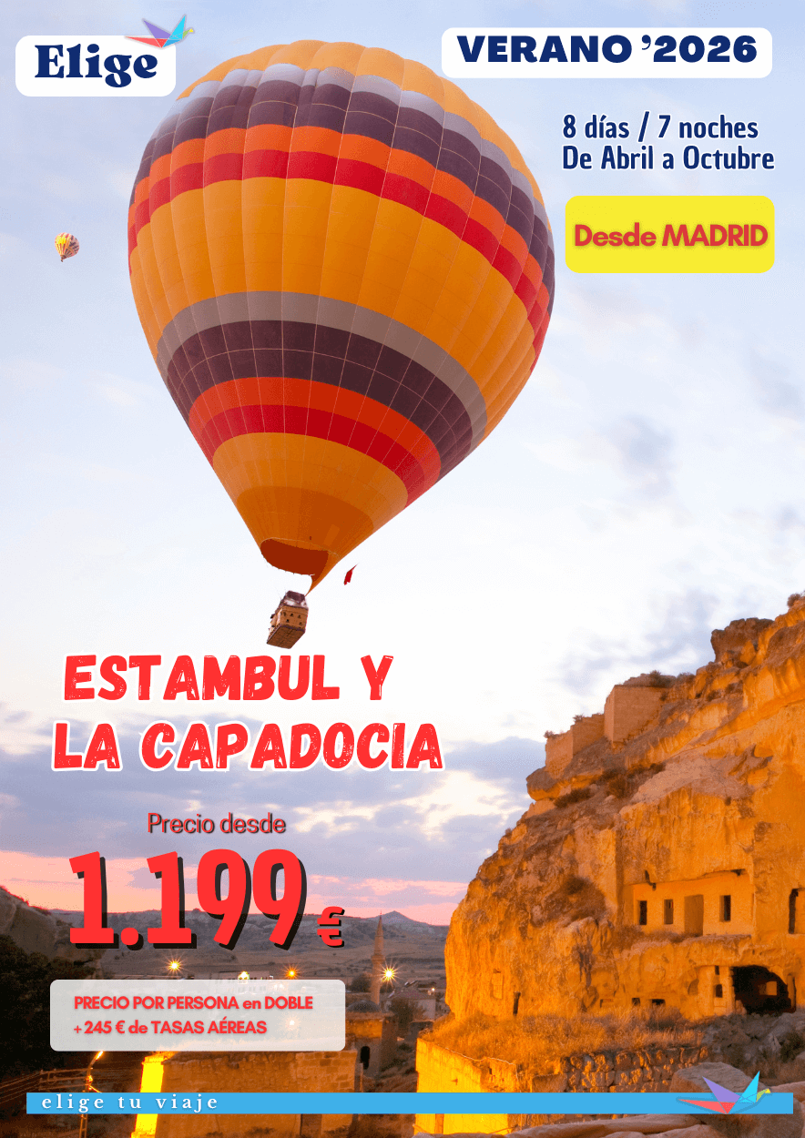 Circuito ESTAMBUL y LA CAPADOCIA - Verano 2026 desde Madrid (8 días / 7 noches). Incluye: vuelo regular Madrid-Estambul y Capadocia-Estambul-Madrid (con maleta facturada de 20 kg); 7 noches en los hoteles previstos o similares según opción elegida, en habitaciones estándar con baño-ducha privado; régimen según indicado en programa (7 desayunos + 3 cenas); visitas/excursiones indicadas en el programa con guía local de habla hispana y entradas; traslados aeropuerto-hotel-aeropuerto y seguro turístico de viaje básico (inclusión), para agencias de viajes con ELIGE TU VIAJE.